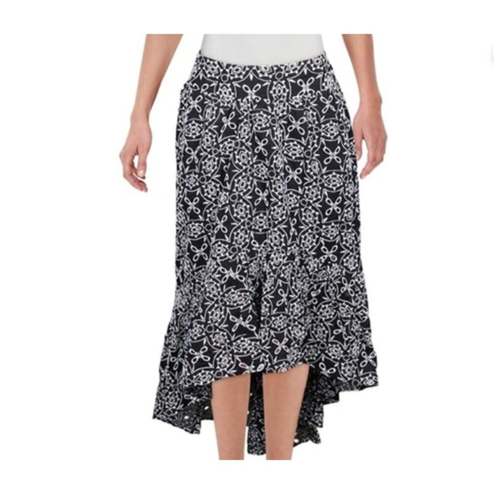INC International Concepts Boho Y2K Eyelet Embroidered Maxi Skirt Black Medium